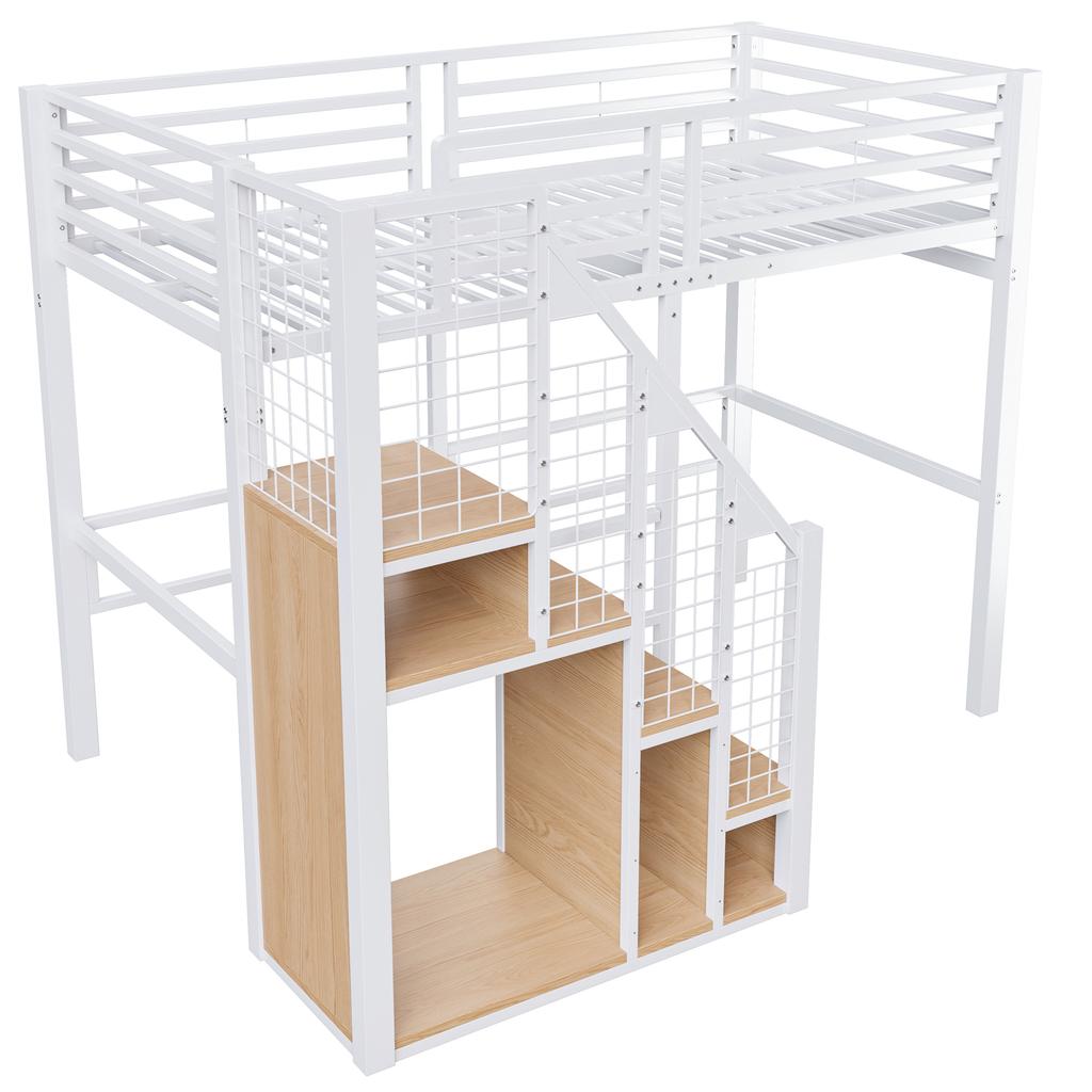Loft Bed with Safety Ladder 90*200, Children's Bed with Iron Frame and Storage Area, Youth Bed, Single Bed, White