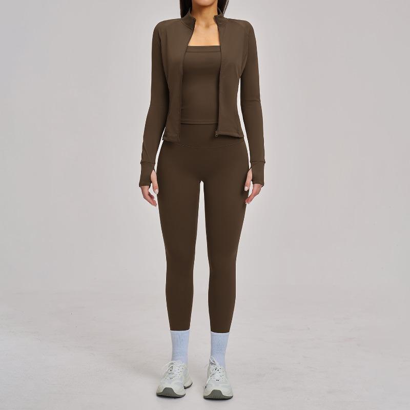 Fitness suit, polished zipper, casual suit, women's outdoor cycling, running sports three-piece set