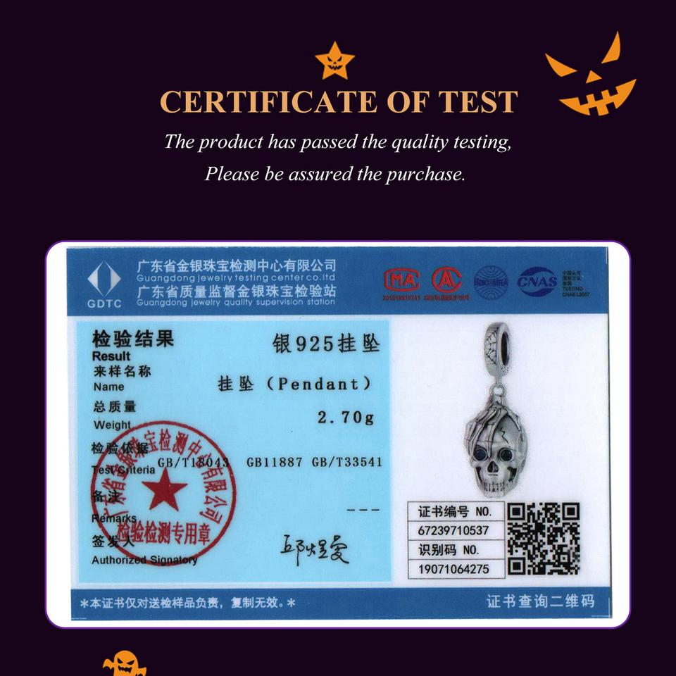 WOSTU 925 Sterling Silver Halloween Gift Skull & Heart Pendant Luminous Witch Charms Evil Eye Candy Beads Fit Bracelet DIY Neckace