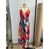 Women Print Maxi Dress Spaghetti Strap V Neck Split Casual Bohemian Summer Beach Long Dress