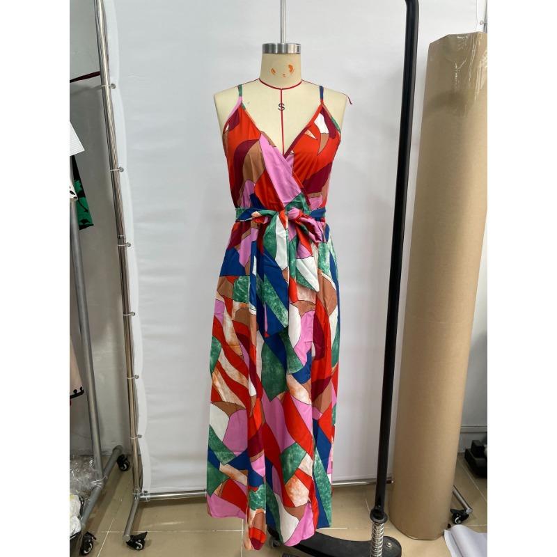 Women Print Maxi Dress Spaghetti Strap V Neck Split Casual Bohemian Summer Beach Long Dress