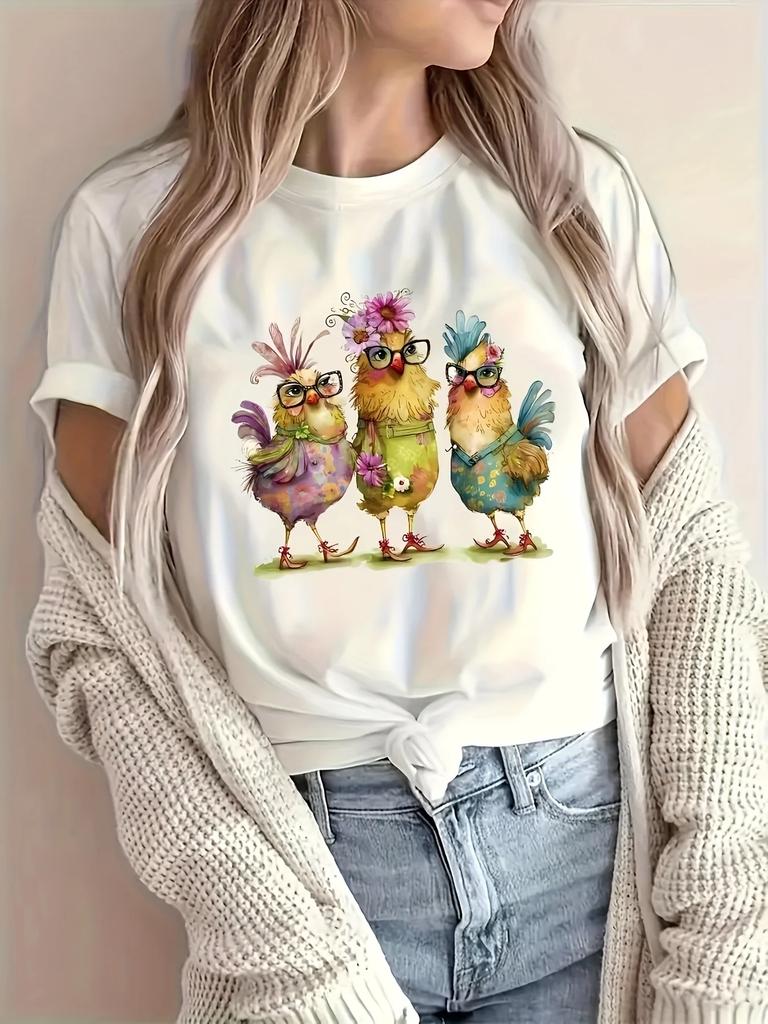 2024 Summer Fashion Women's T-shirt Fun Chicken Flower Animal Print T-shirt Femme Harajuku Shirt Kawaii Clothing T-shirt Women