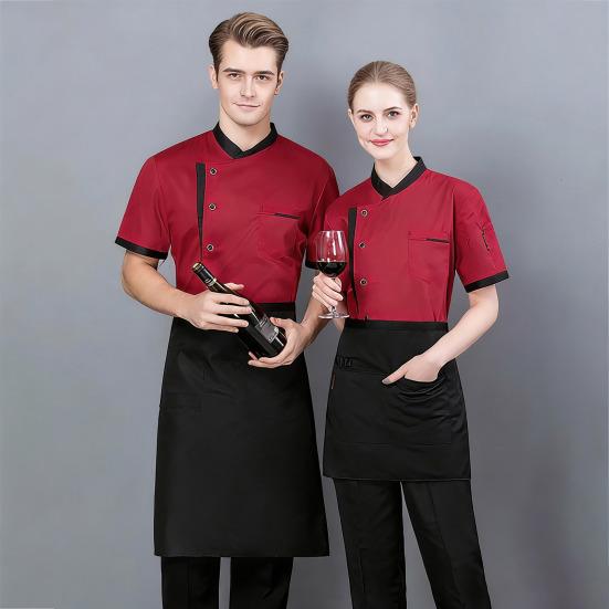 Chef Uniform Chinese Stand-Up Collar Short Sleeve Unisex Chef Tops with Practical Button Closure Color Matching Functional Pocket Restaurant Kitchen