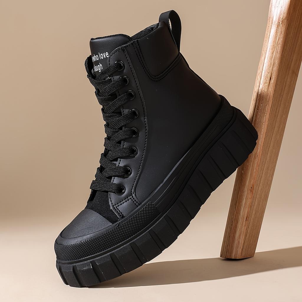 Four Seasons Outdoor Women's Comfortable Thick Sole Heightening Casual Shoes Daily Laced Black Simple High Top Sports Women's Shoes