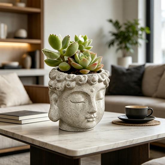 Buddha Head Flower Pot Buddha Head Sculpture Decoration Meditation Buddha Statue Planter for Home Desk Corner