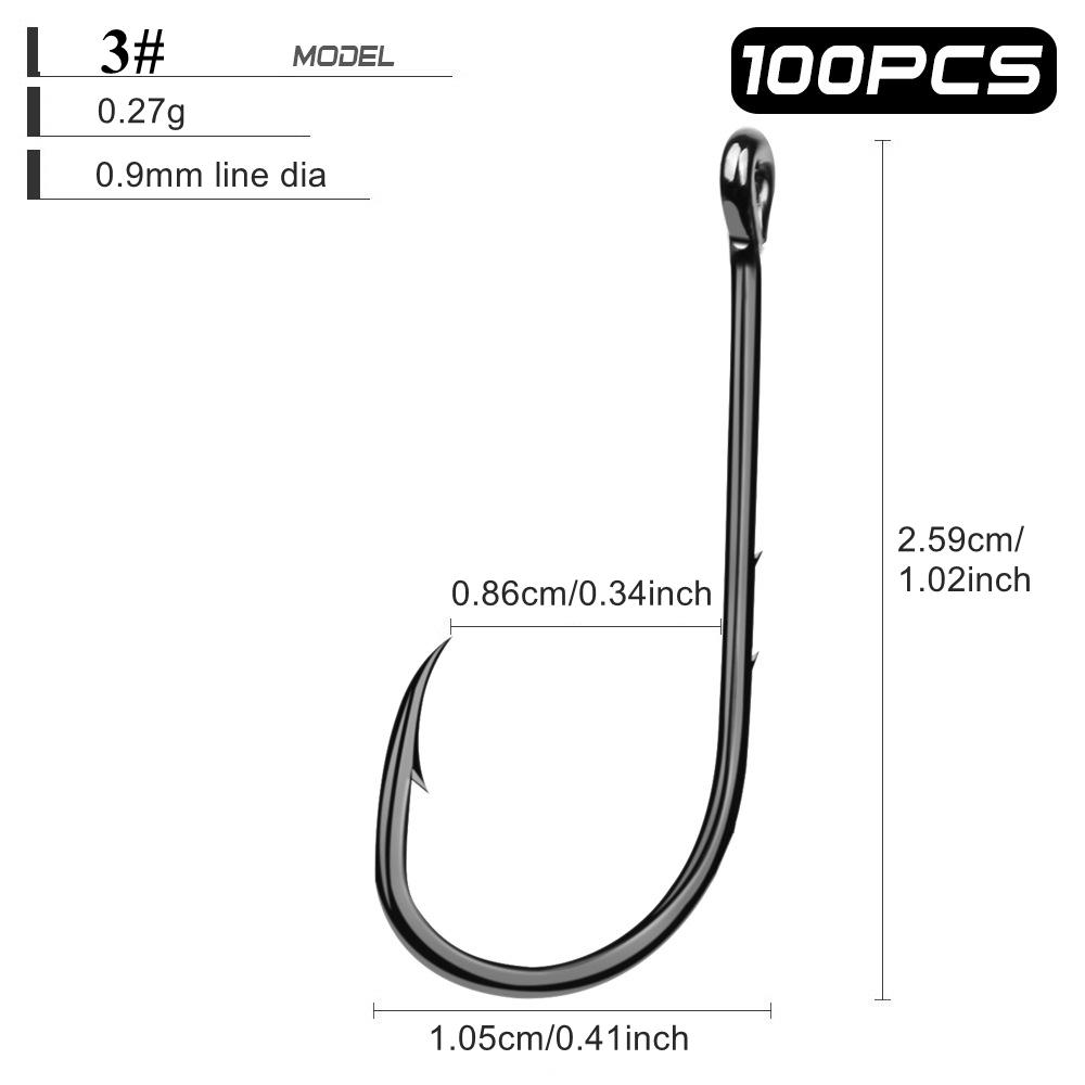 

100pcs High Carbon Steel Barbed Live Bait Fishing Hooks 1-6# Single Hook with Hole 3#