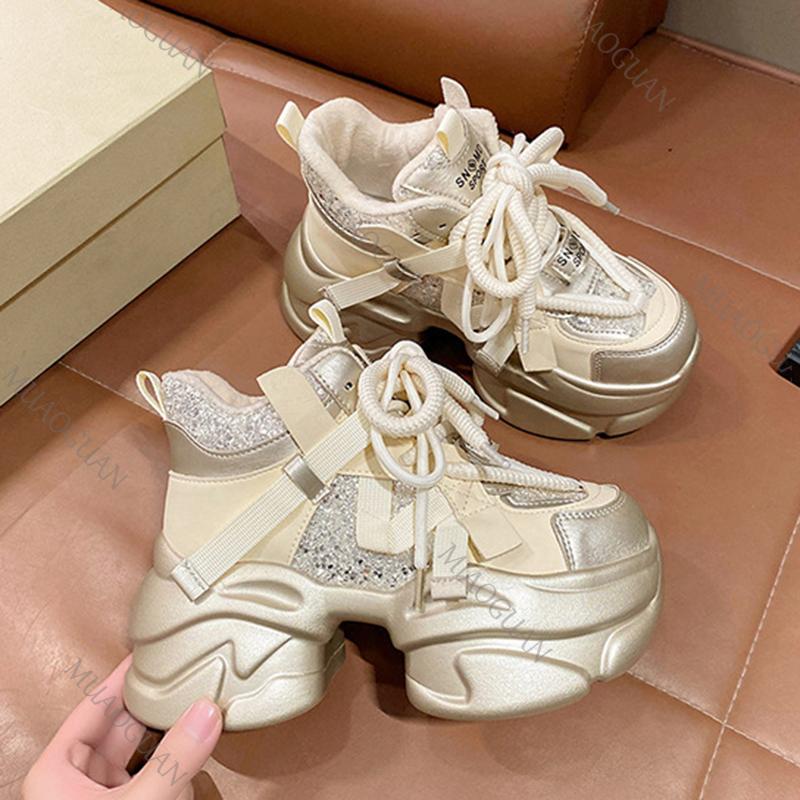 Glitter Platform Dad Sneakers for Women Autumn Winter Thick Sole Elevator Chunky Sneakers Sweet Cool Style Lace-Up Tennis Shoes