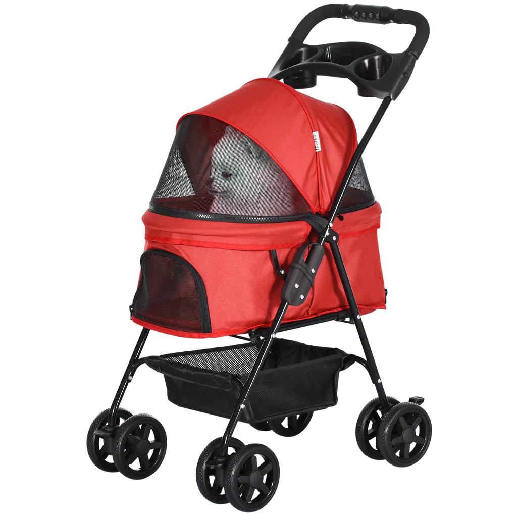 Dog Buggy, Foldable, Mesh Window, Removable Roof, Cup Holder, Bottom Basket, Metal Frame, Red, 67 X 45 X 96 Cm