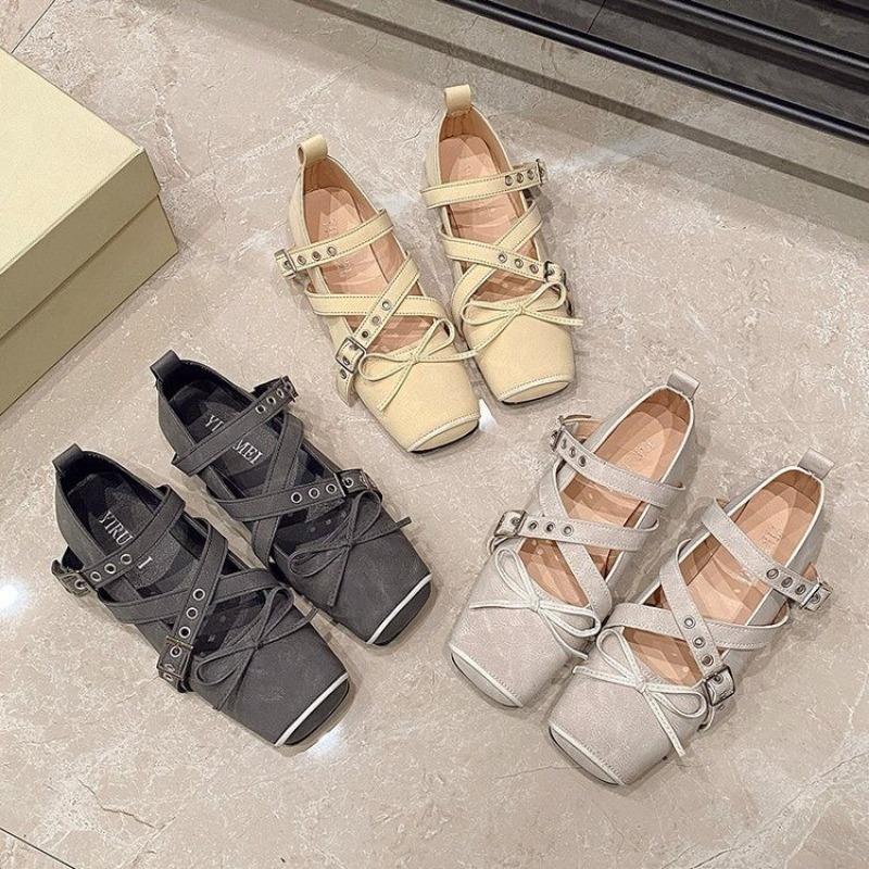 Women's Fashion Single Shoes Spring New Square Head Shallow Mouth Butterfly Knot Soft Sole Anti-slip Wear-resistant Flat Shoes