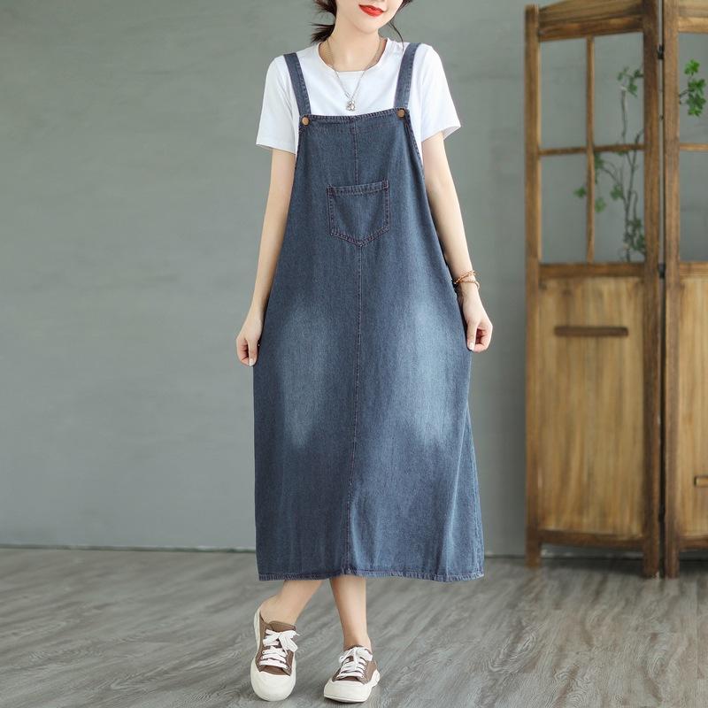 

2025 летняя новая ретро-юбка из старого хлопкового денима с бретельками, женская юбка с раздвоенными концами средней и длинной длины XXL