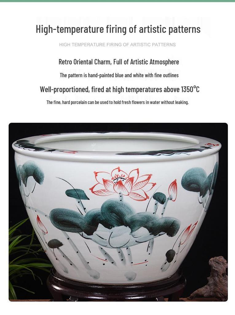 Extra Large Blue & White Ceramic Lotus Bowl for Outdoor Courtyards