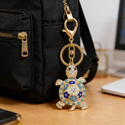 Keychain Sparkling Rhinestones Inlaid Turtle Design Keychain Pendant Enamel Oil Drip Process Spring Buckle Key Holder Car Key Bag Accessory