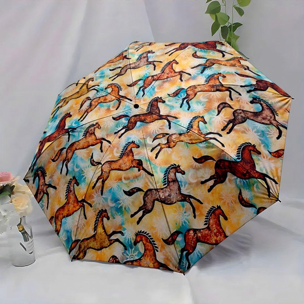 Folding umbrella Leaping horses pattern, vibrant sunset background. Creative portable folding umbrella for Christmas and other