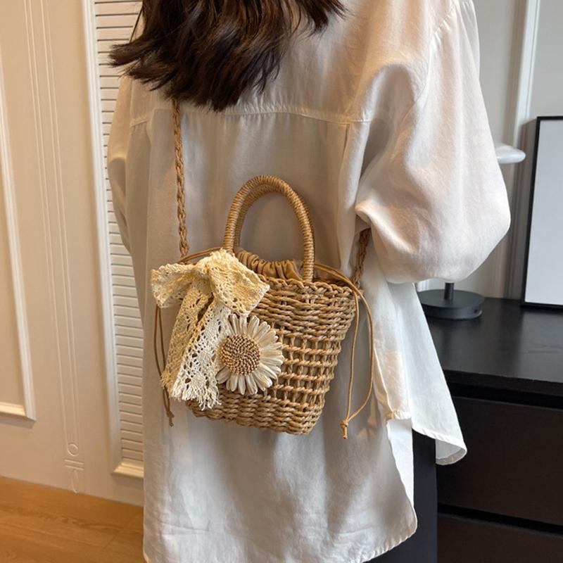Yogodlns Stroh Handgefertigt Sommerurlaub Gewebt Damen Floral Dekor Kleine Umhängetasche Böhmisch Strand Reise Korb Crossbody Taschen