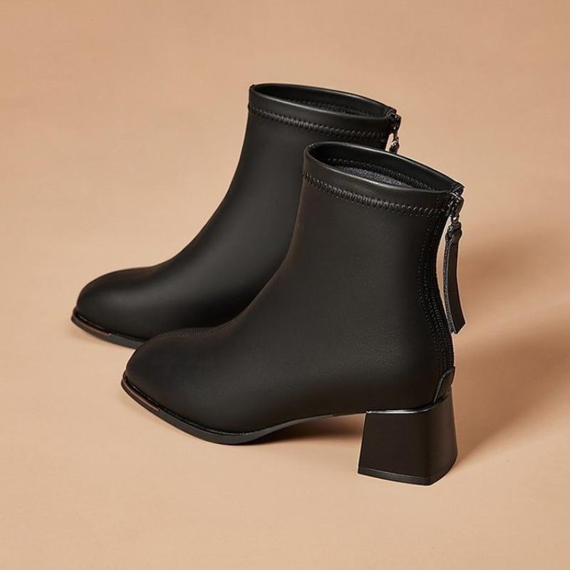 New Spring and Autumn Round Head Boots Women's Coarse Heel Soft Leather Medium Heel Boots Skinny Boots Autumn and Winter Women's Shoes Fashion Boots