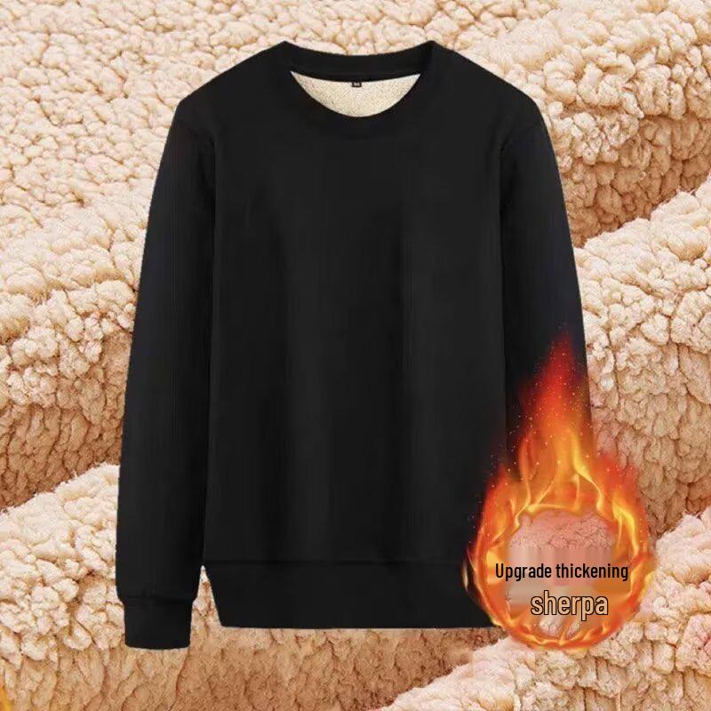 Men's Winter Lambswool Round Neck Hoodie, Thick Warm Solid Color Pullover with Plus Velvet Base Layer.