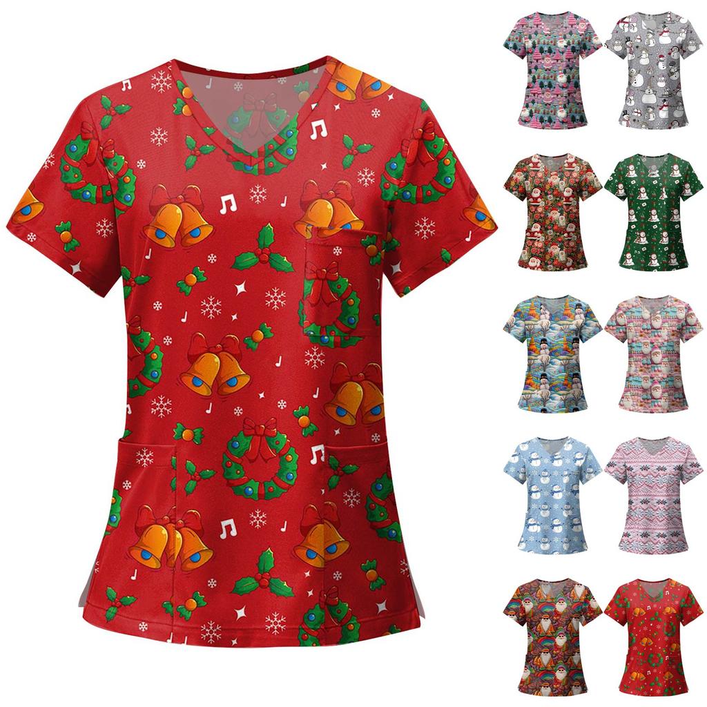 Women's Fashion Printed Short Sleeve V Neck Pattern Tops Pocket Working T-shirts