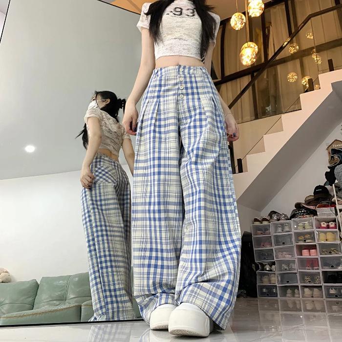 Women s High-Waisted Retro Plaid Wide-Leg Cargo Pants - Summer BF Style XL
