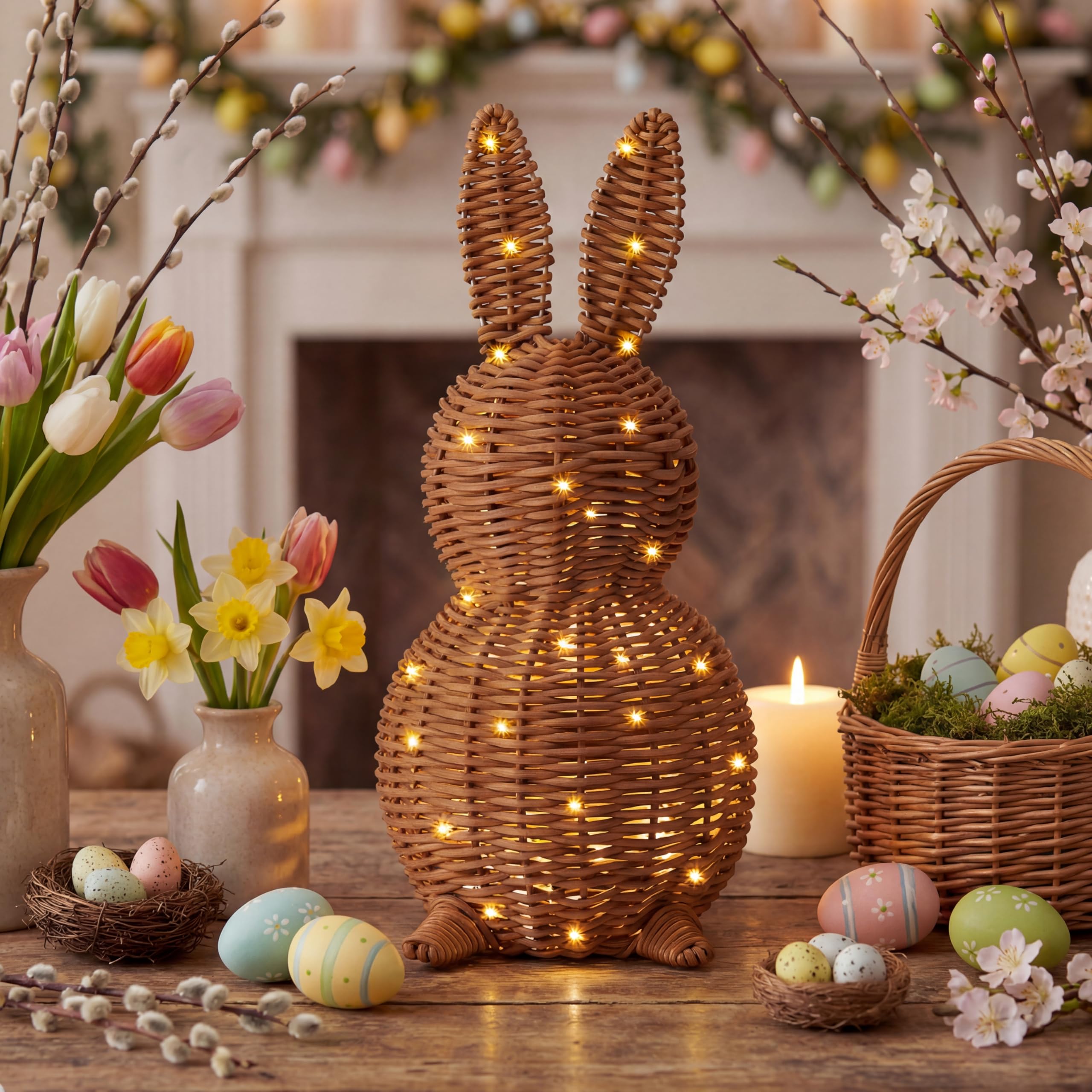 Modern Easter Wicker Bunny Ornament, 13.8-inch Woven Bunny Desktop Figurine With String Lights One Size