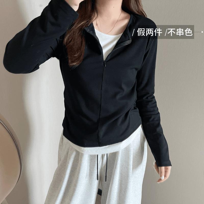 Half Zipper Fake Two-piece Shirt Women's Top Spring Burgundy Contrasting Splicing Long-sleeved Bottoming Shirt