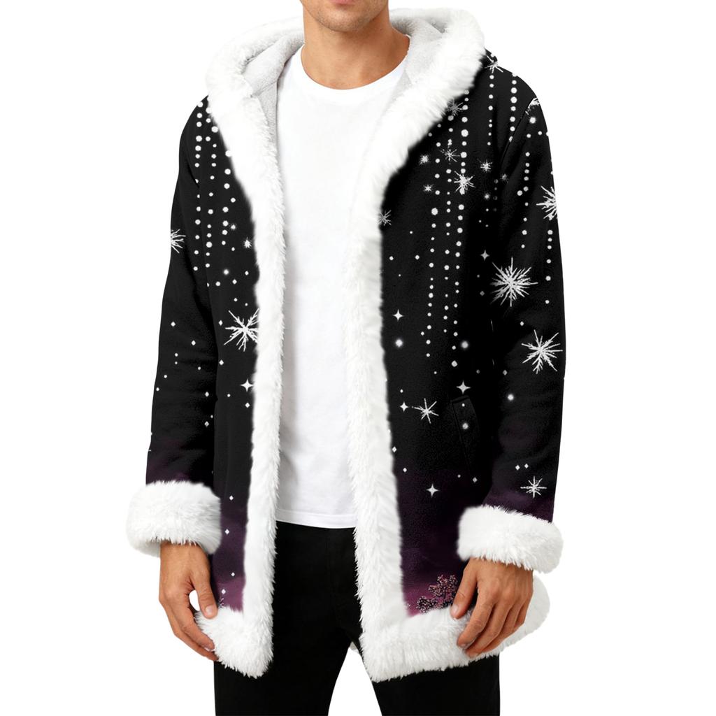 Men's Christmas Long Hooded Cardigan With Pockets Warm Jacket