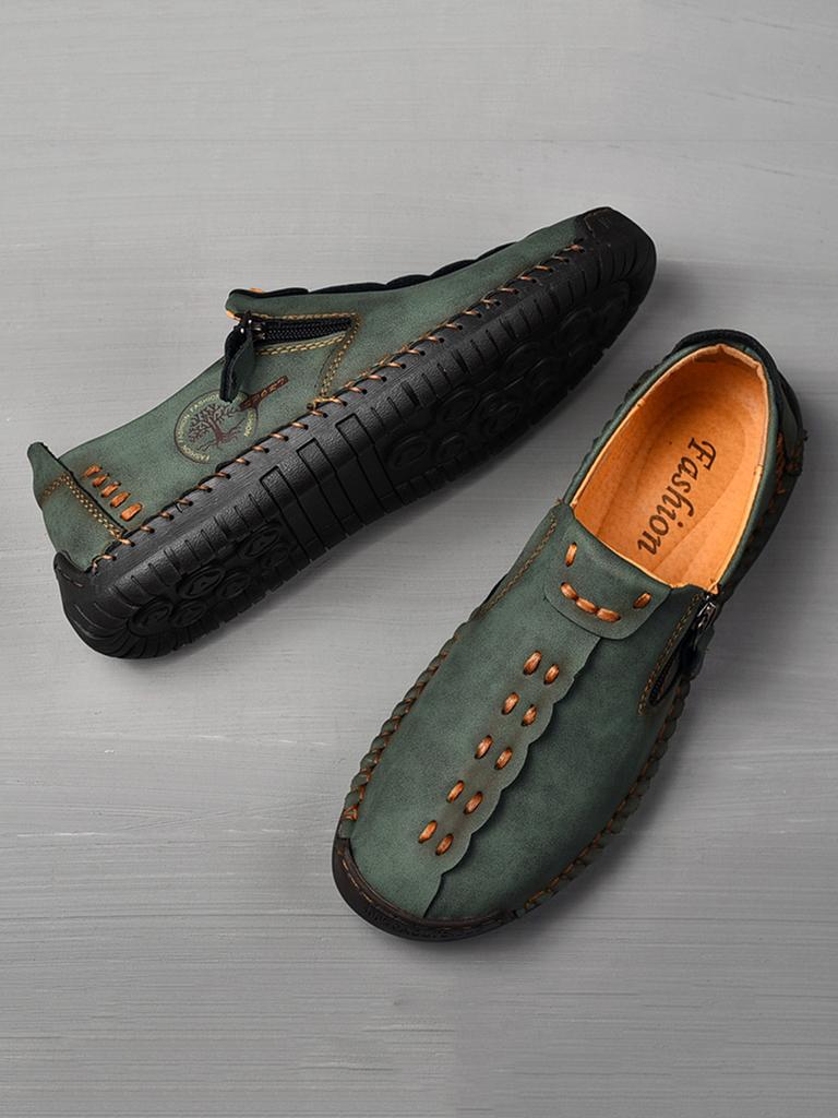 Herrars Handgjorda Vintage Loafers, Stilfulla Casualskor med Sidodragkedja, Flatskor för Vardagsbruk under Alla Årstider, Bekväma Herrskor i Stor Storlek