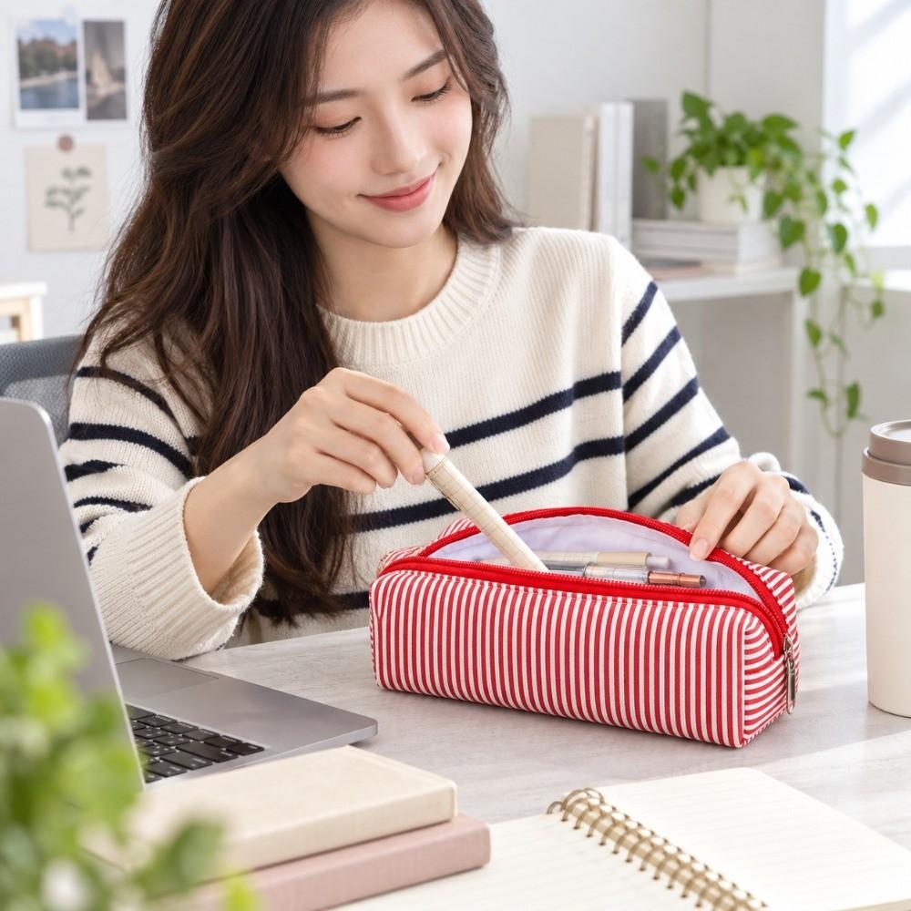 Striped Print Pencil Pouch Polyester Bubble Yarn Pen Bag Minimalist Stationery Pouch School Office
