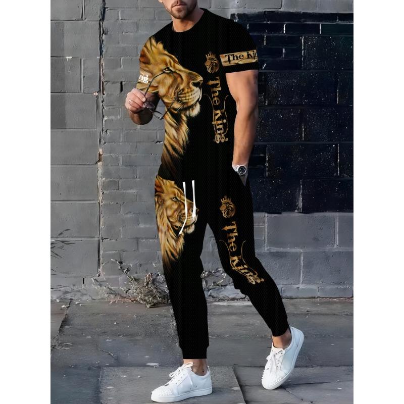 3D Men's Casual Fashion Sport Lion Print Crew Neck Short Sleeve and Long Pants Set