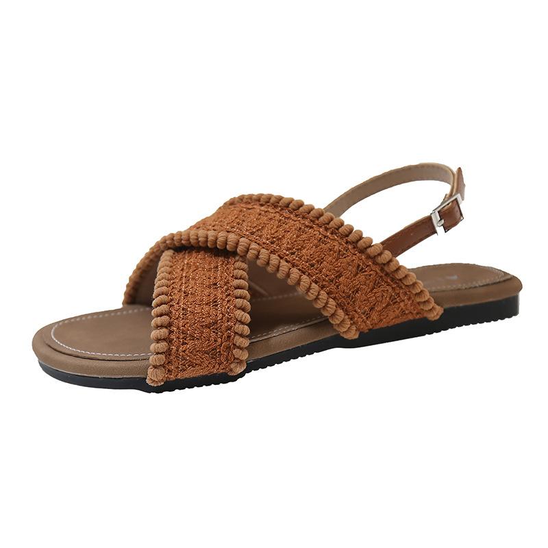 Sandalen mit flacher Sohle Damen 2024 neu Sommer Retro Ethno Fee Wind Wind Strand Draußen Hausschuhe