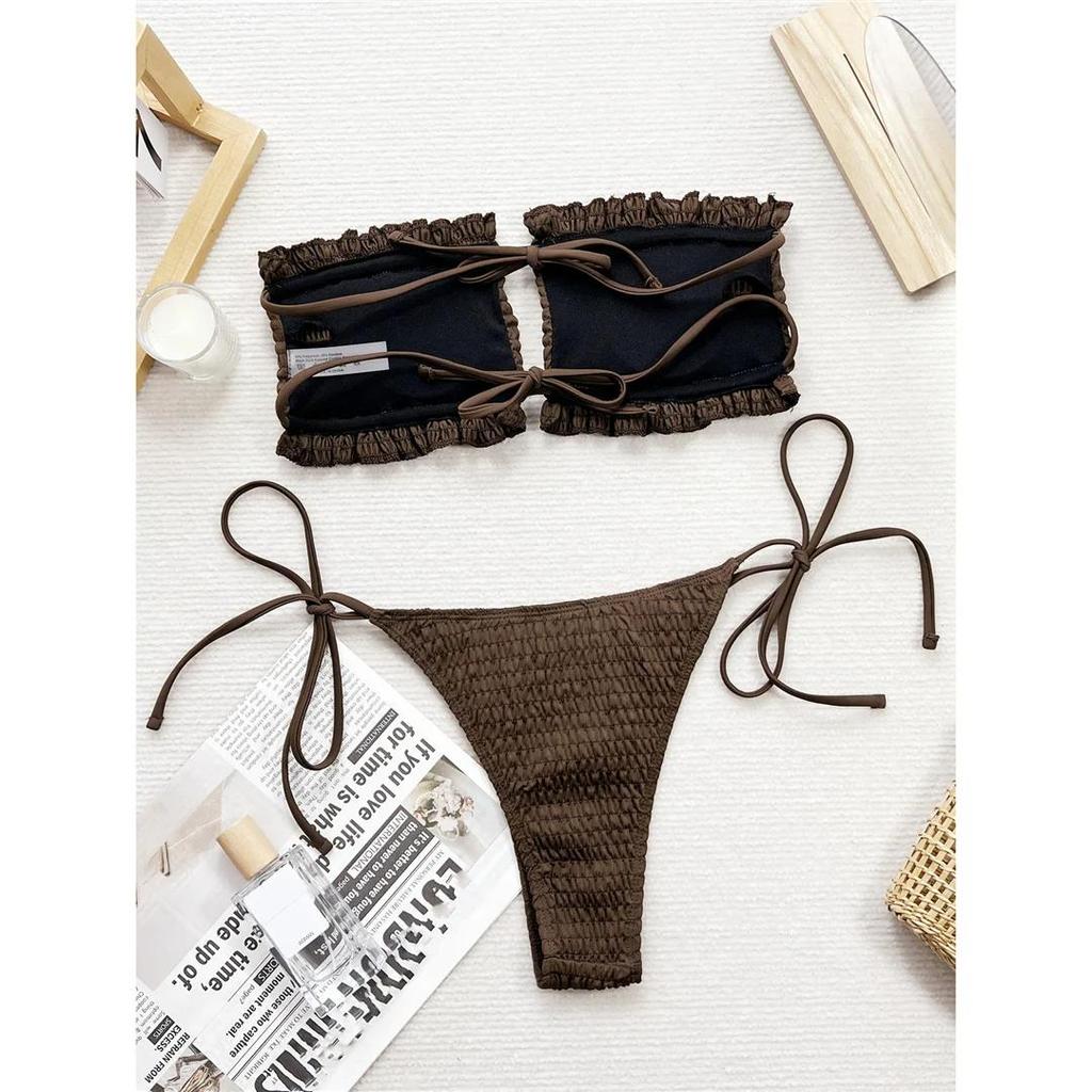 New Sexy Bandeau Pleated Ruched Bikini Women Swimwear Female Swimsuit Two-pieces Bikini Set Bather Bathing Suit Swim
