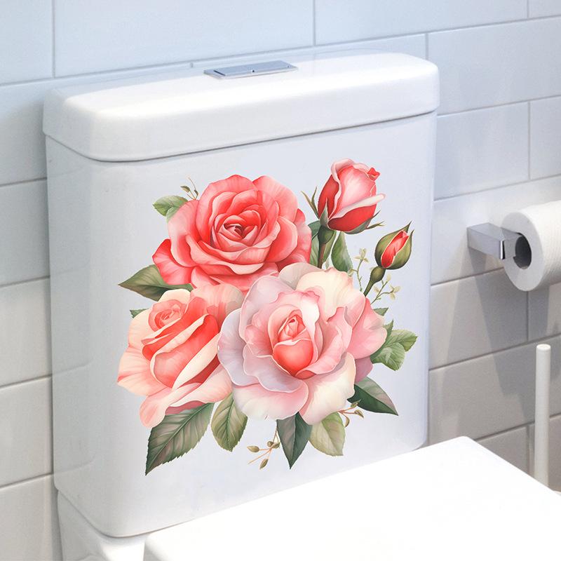 Elegant Pink Rose Toilet Stickers, Waterproof Removable Decals for Bathroom Wall Decor, Self-Adhesive