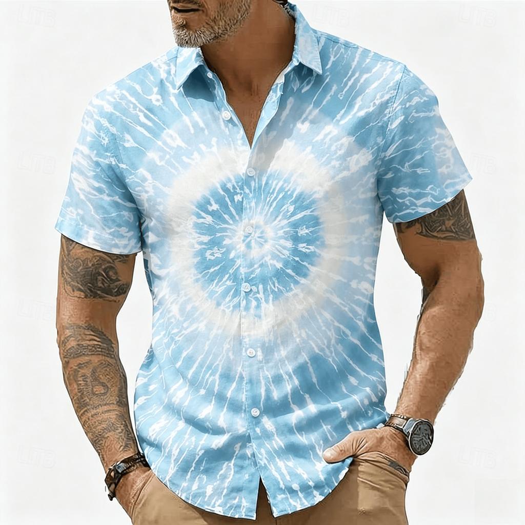 Men's Neon Lightning Tie Dye Print Short Sleeve Shirt, Retro Psychedelic Button Up Shirt for Spring & Summer