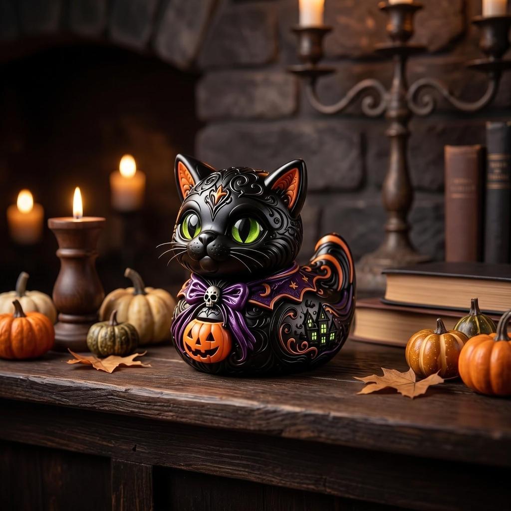 Cat Figurine with Jack-O'-Lantern Playful Pumpkin Decoration Gothic for Desks
