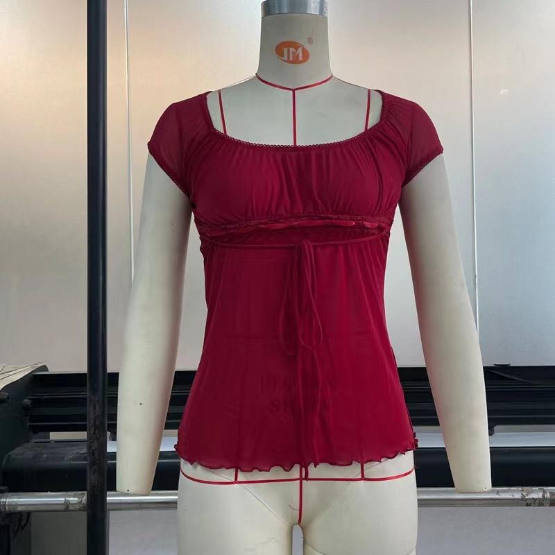 Elegant Lady Square Collar T-shirt Kawaii Bow Short Sleeve Pullovers Tees Y2K Vintage Fairy Women Crop Top Retro Clothes