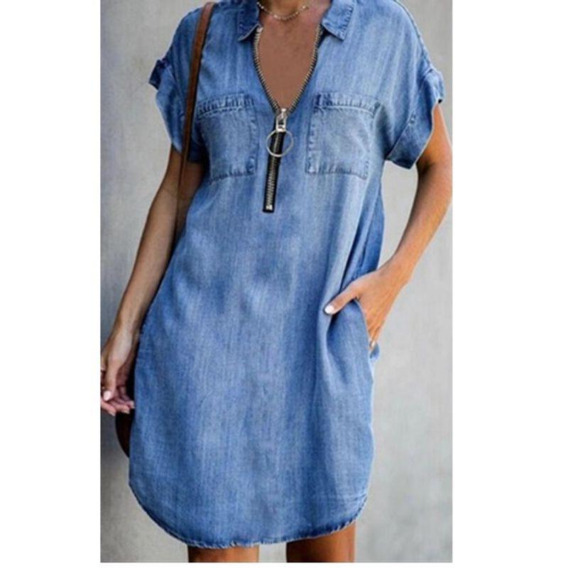 

European Station Polo Collar Casual Denim Dress with Short Sleeves Blue M