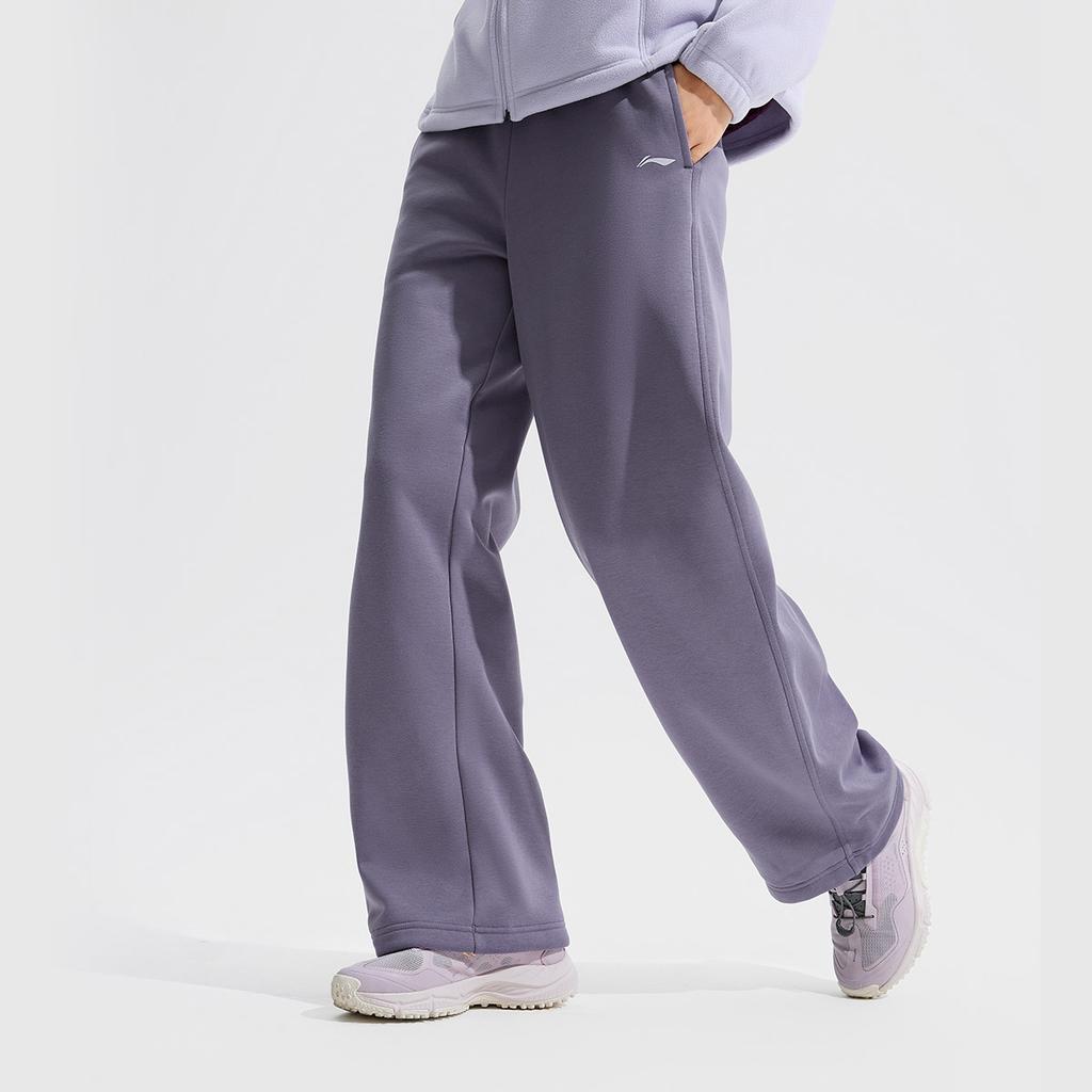 Li Ning Fitness Series Casual Fleece Lined Warm Knitted Sports Pants Women Bottoms Charcoal-Purple AKLUC66-3