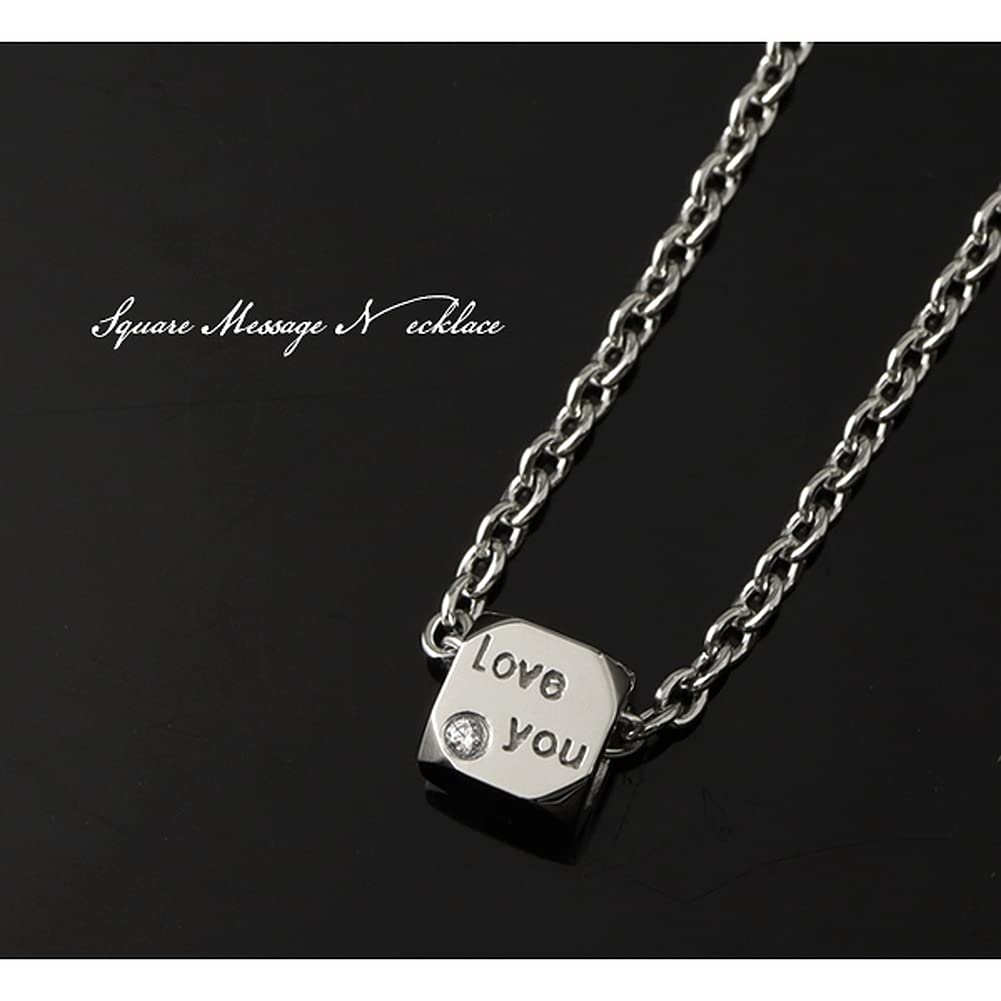 [Shinjuku Gin No Kura] Square Message Zirconia Surgical Stainless Steel Necklace, Normal, Women's Pendant, Hypoallergenic