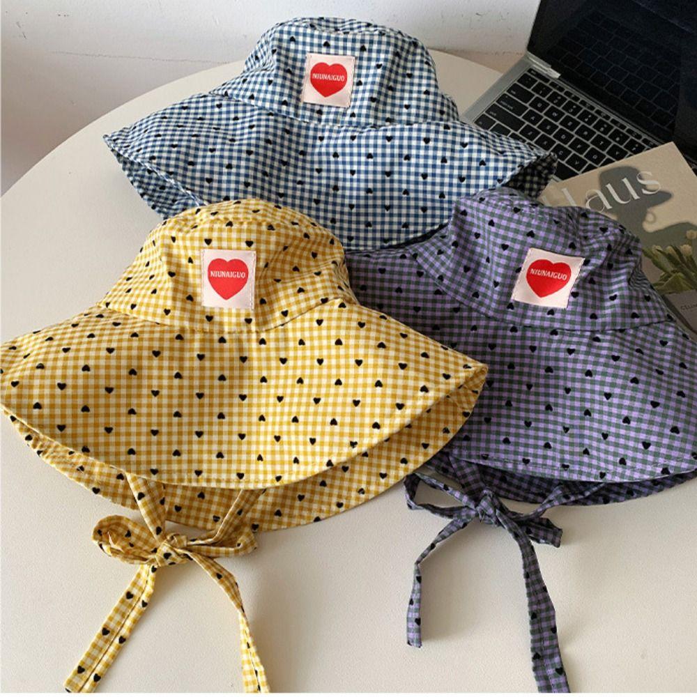 Sun Protection Hiking Fisherman Hat Small Lattice Heart Printed Bucket Hat Plaid Hiking Cap  Travel