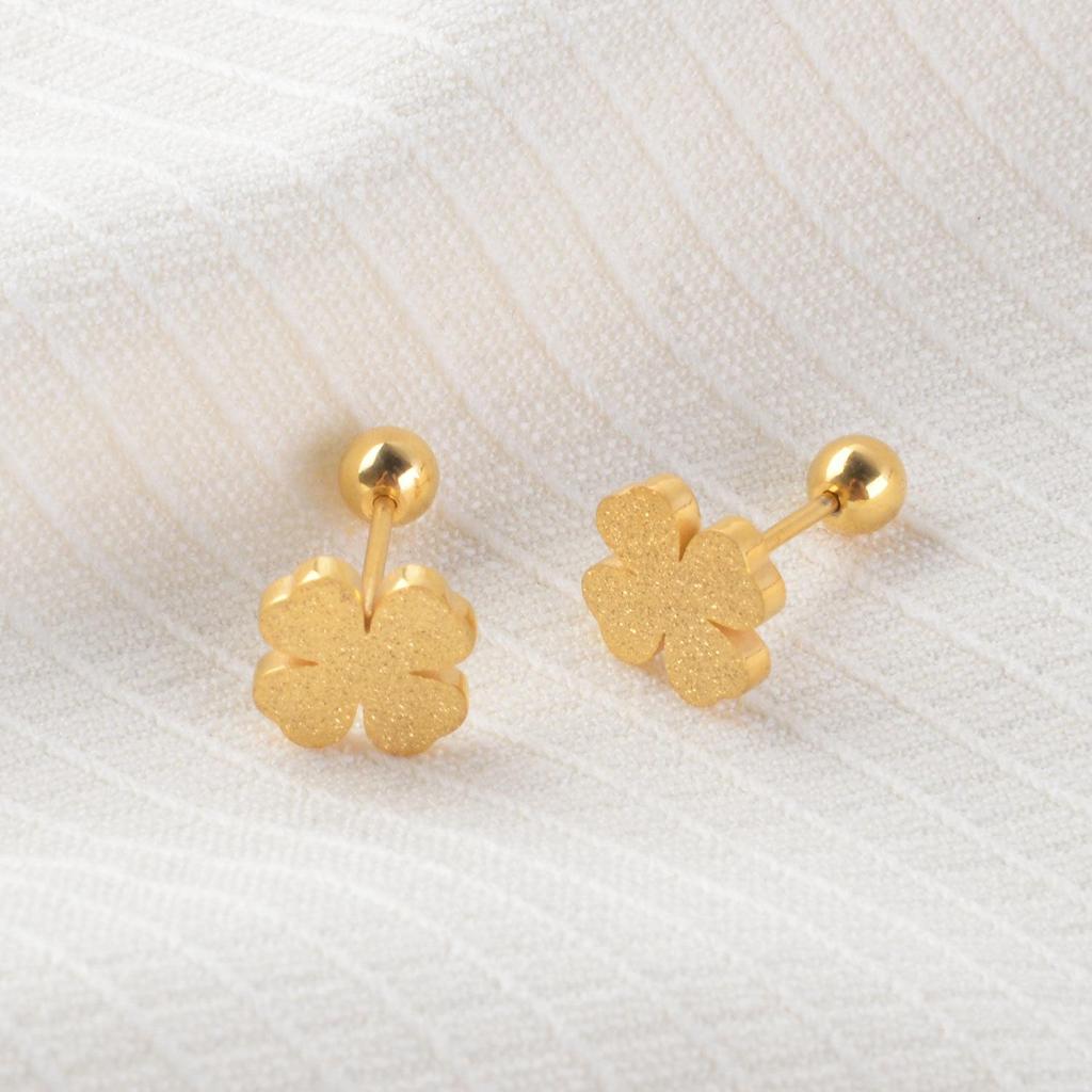 Gold Frosted Four-Leaf Clover Titanium Steel Stud Earrings - Non-Fading, Anti-Loss, Luxurious Design