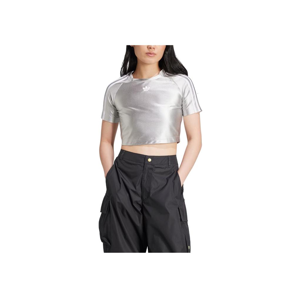 Adidas Originals Adicolor Teamgeist Comfortable Soft Skin-Friendly Fashion Solid Color Striped Short Sleeve Raglan T-Shirt Women Tops Silver JD0270