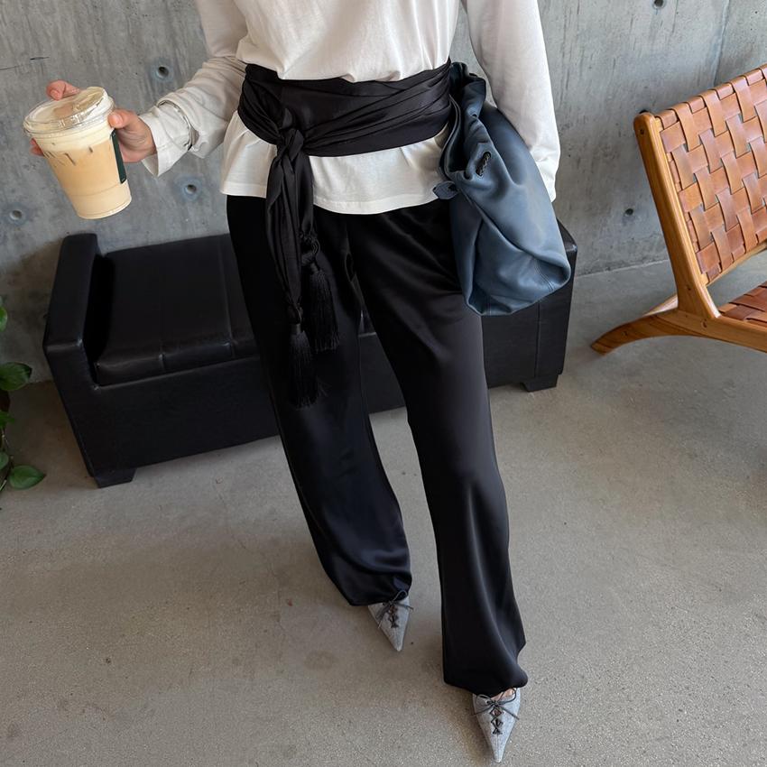 Linad Fashionable Satin Tassel Belts For Women 2026 Spring Summer Elegant Black Waistband Female Casual Solid Sash 180cm чёрный