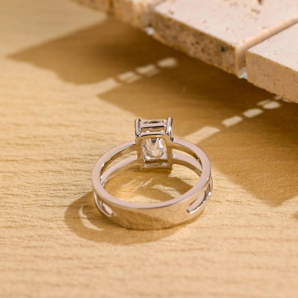 Emerald Cut Diamond Engagement Ring, Double Shank Minimalist Proposal Ring, Art Deco Bridal Ring, Anniversary Gift for Women