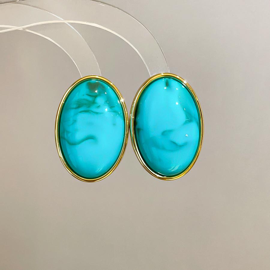 Retro Silver Needle Marbled Acrylic Oval Geometric Stud Earrings - Vintage Niche High-End Fashion Accessories for Women