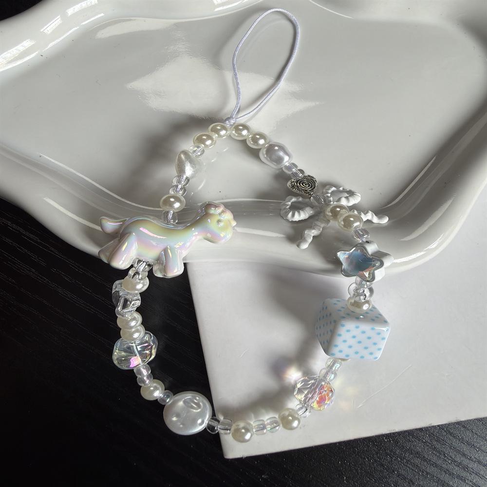 Stylish White Pony Bow Bead Phone Chain and Camera Bag Pendant Lanyard