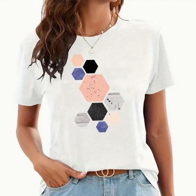 Fashion Women Creative Honeycomb Splicing Print T Shirt Funny Casual O-neck Short Sleeves T-shirt Summer Female Tee Shirt