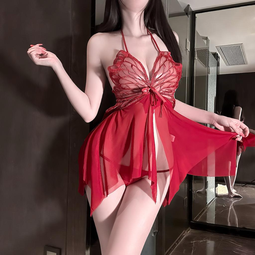 Mesh sex underwear butterfly large size pure desire backless temptation mesh perspective suspender nightdress uniform set