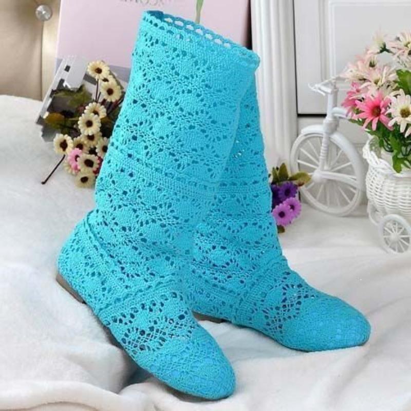 Comercio exterior nuevo primavera tejido hueco botas red de botas botas altas botas Martin botas planas de una sola suela botas frescas mujer