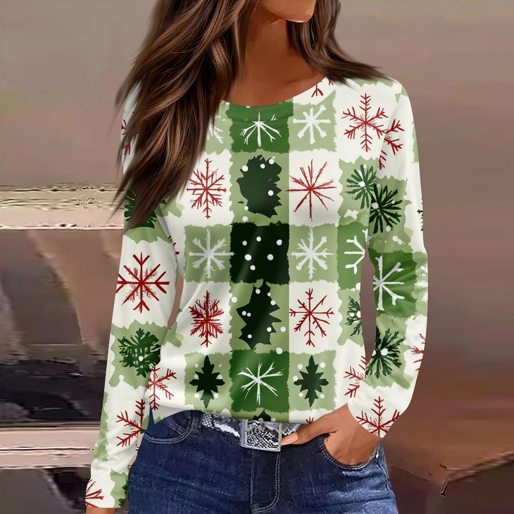 Women's Fashion Casual Slit Hem Round Neck Long Sleeve Loose Christmas Printed T-Shirt Ladies Top
