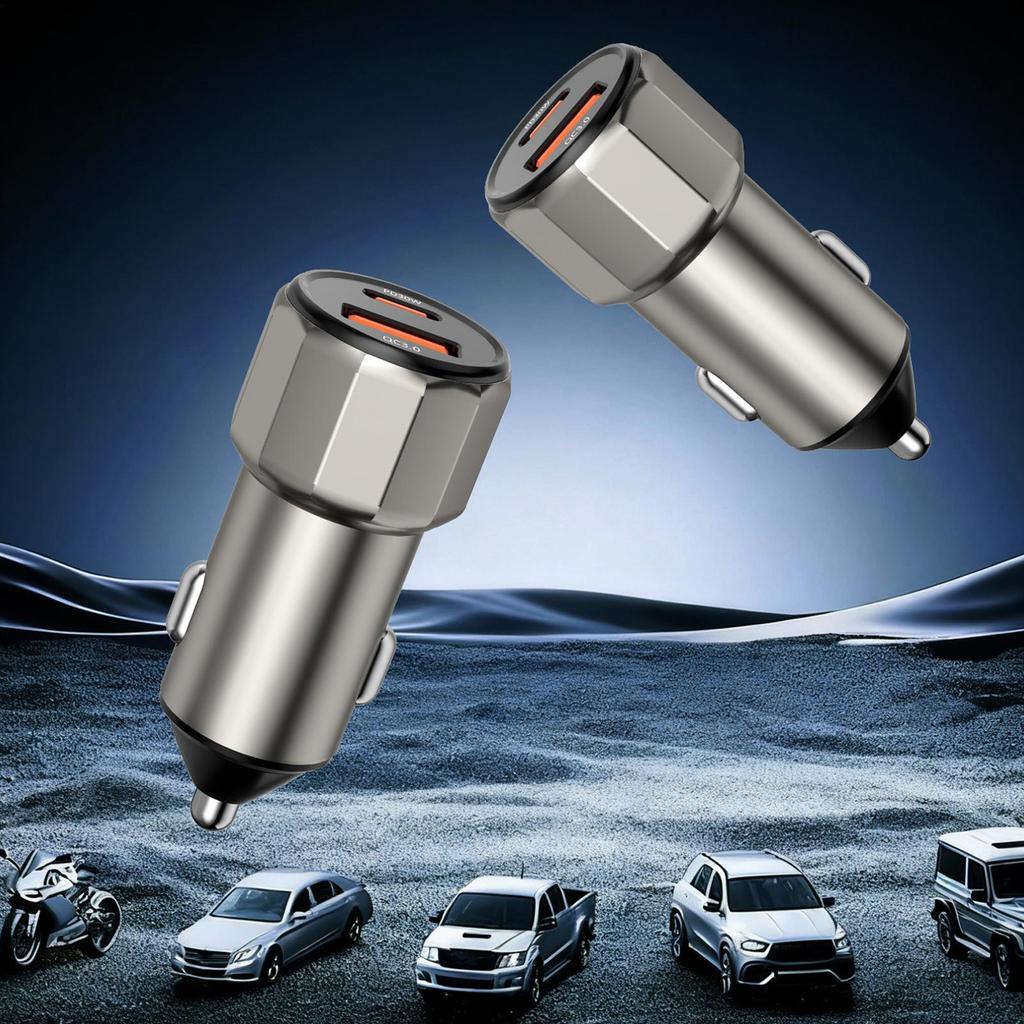 Handy Auto-Ladegerät Zwei-Port USB Typ-C PD 30W QC3.0 Fahrzeugladegerät Automobil Innenzubehör Zinklegierung Ladegerät universal