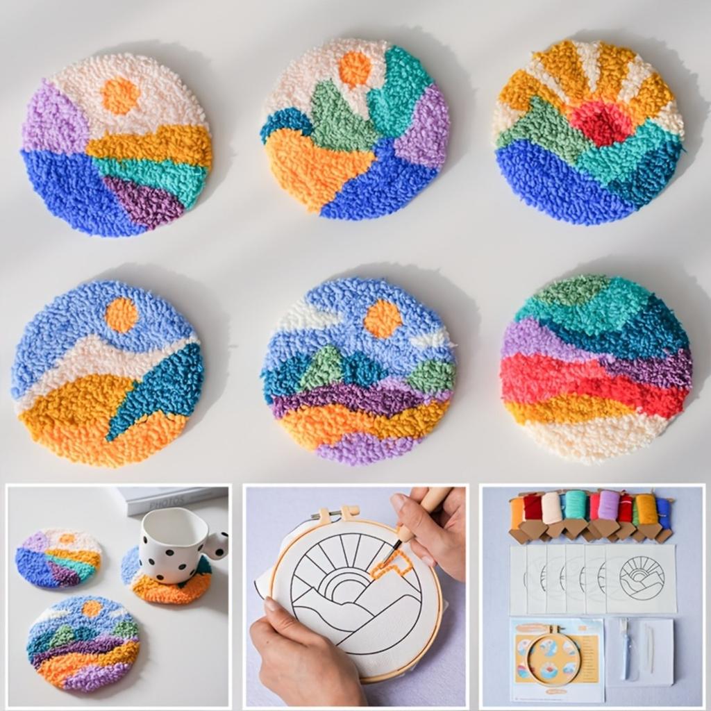 6 szt. Zestaw do haftu igłowego z motywem krajobrazowym i podstawkami - Kompletny zestaw startowy do haftu dla początkujących, zawiera narzędzia i mieszankę kolorów